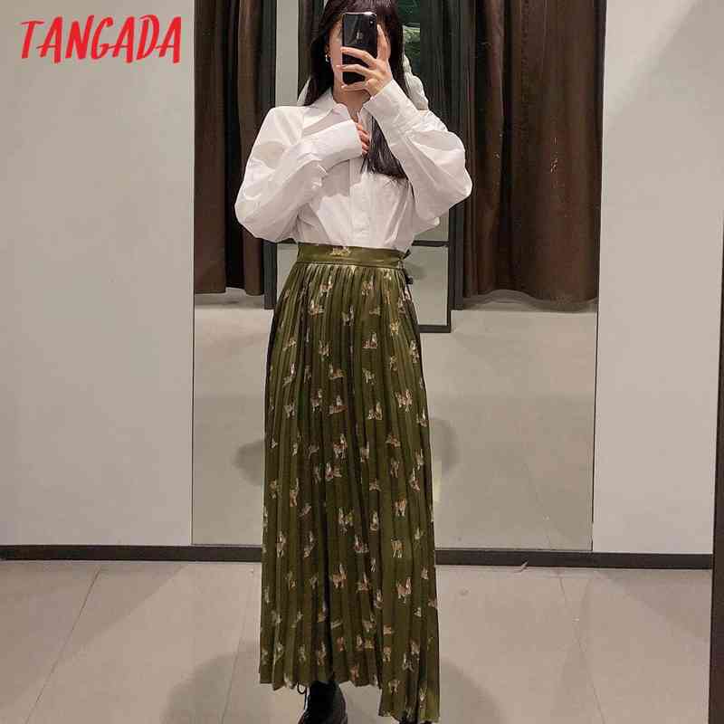 Women Print Green Pleated Midi Skirt Faldas Mujer Vintage Side Zipper Office Ladies Elegant Chic Mid Calf Skirts BE426 210416