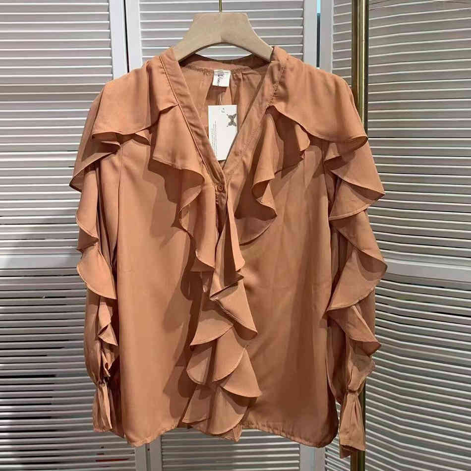 Free Women's Ruffle Blouse Spring V-neck Single-breasted Lantern Long Sleeve Pure Color Elegant Shirt Ladies 210524