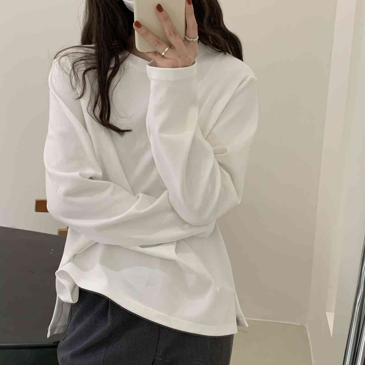 All Match Split O-Neck Tops Women Streetwear Oversize Chic Minimalist Fashion Thicken Warm Korean Loose T-shirt 210421