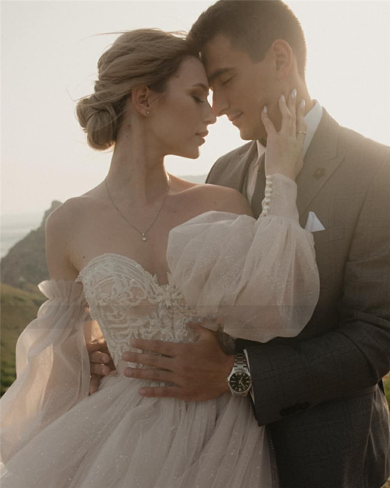 A-Line Boho Wedding Dresses With Detachable Puff Sleeve Bride Dress Glitter Sparkly Lace Bridal Gowns Beach Sweetheart Long Vestidos De Novia