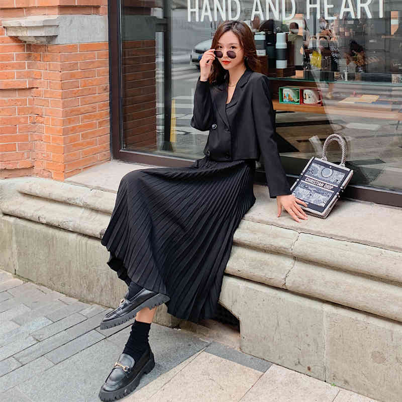 Autumn Women's 2 Piece Sets Elegant Fashion Office Long Sleeve double-breasted Short Coat Outwear+Pleated Skirts Suit 210519