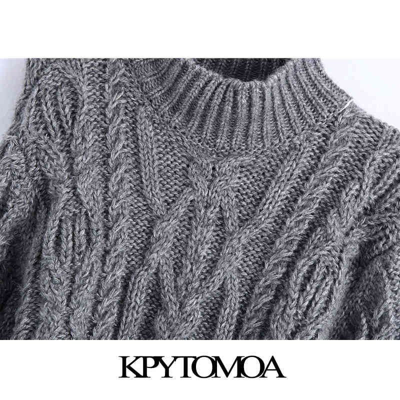 Women Fashion Asymmetric Cropped Cable-knit Sweater High Neck Lantern Sleeve Female Pullovers Chic Tops 210420