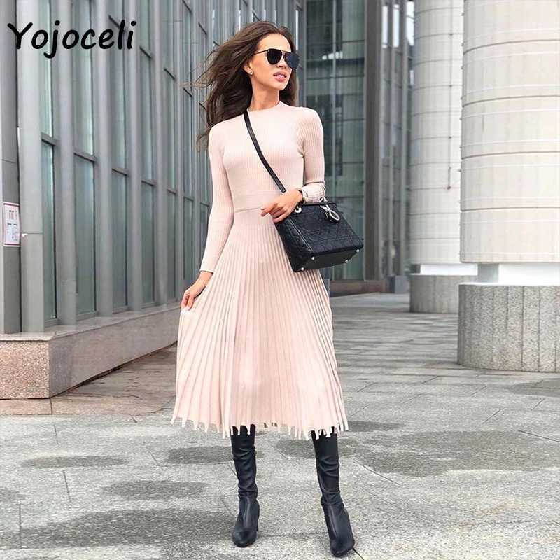 Yojoceli winter warm pleated knit dres streetwear slim knee length female vestidos 210609
