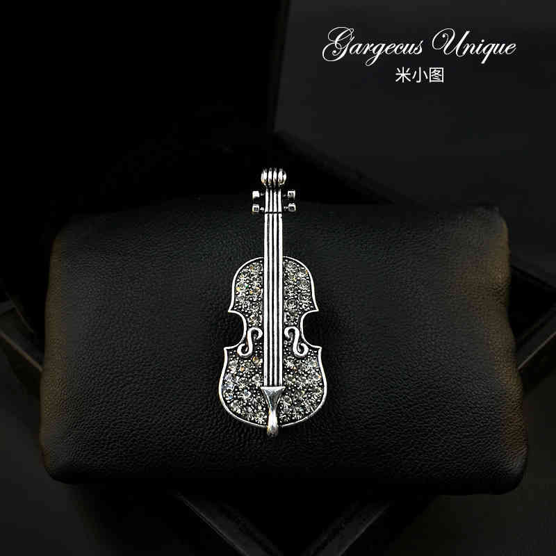 887 Exquisite Violin Brooch Full Diamond Instrument Pin Men's and Women's Suit Elegant Accessories
