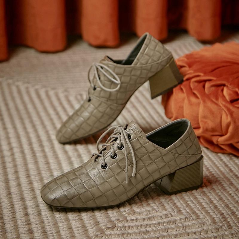 Dress Shoes QZYERAI Woman Heels Oxford Genuine Leather Spring Lace-up Ladies Pumps High Loafers Womens Casual