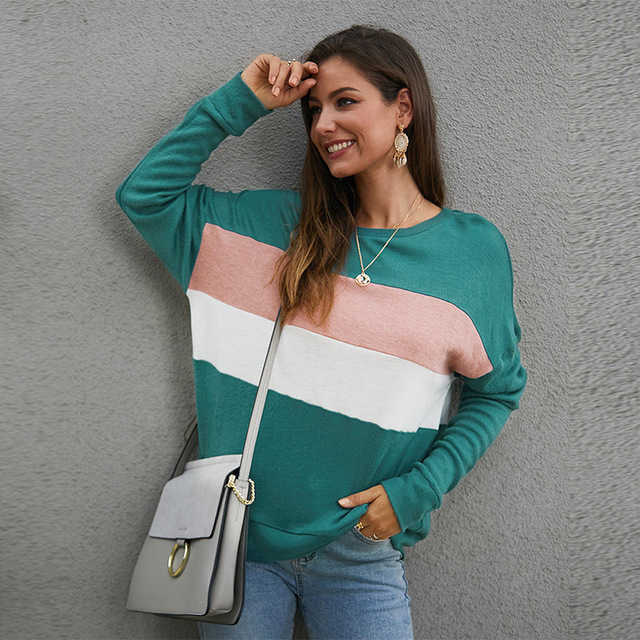 Women Striped Sweater Casual Fashion Knitted Pullovers Autumn Winter Full Sleeve O-neck Top 210604