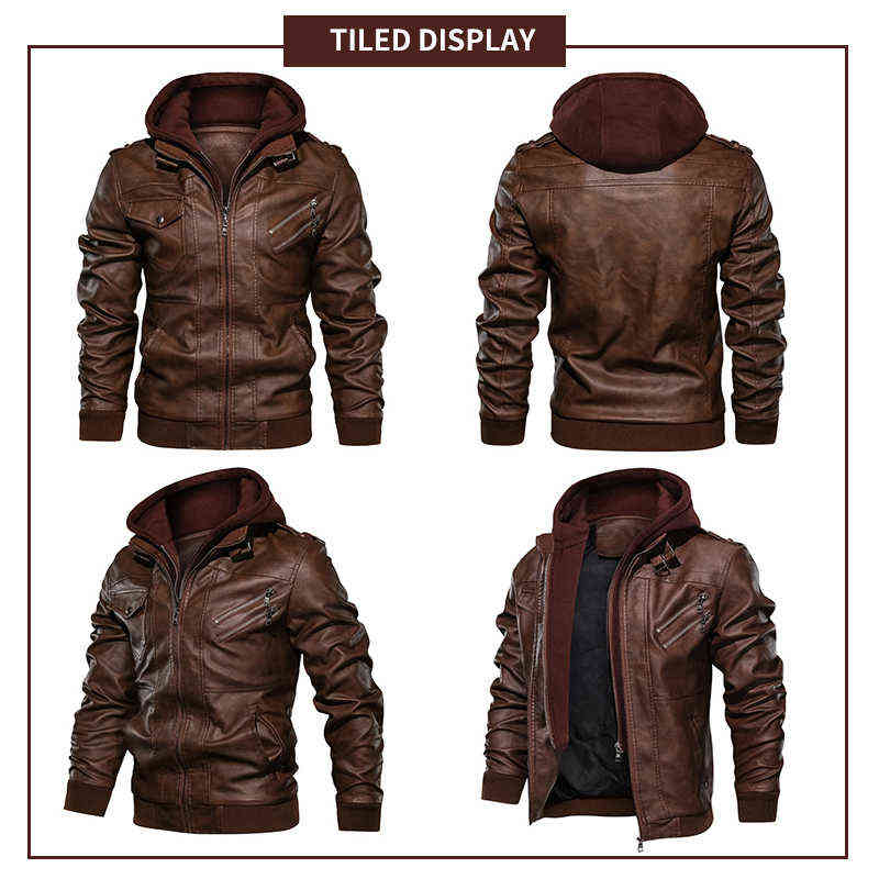 Mens Outwear Bomber Vintage Autumn Black PU Leather Casual Jacket Slim Fit Motorcycle Biker Coats Removable Hood 211110