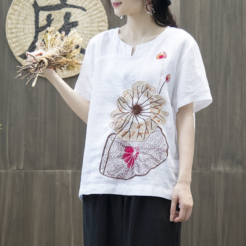 Summer Style Women Tshirt Plus Size Short Sleeve Loose V-neck Tops Cotton Lady Lotus Leaf Embroidery Vintage Tee Shirt HXJ3 210512