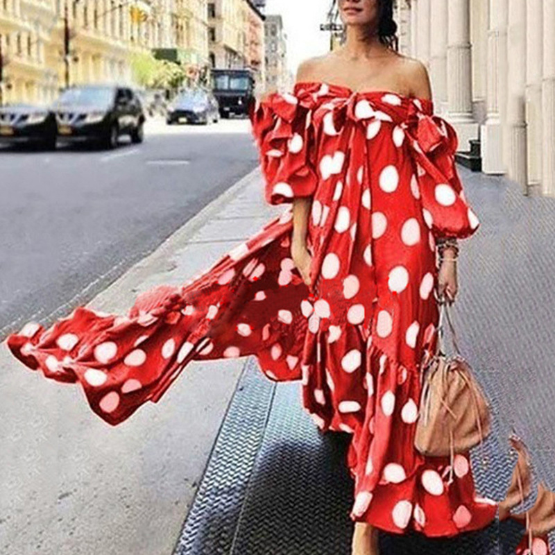 Women Dress Dot Printed Off Shoulder Bohemia es Sexy Long Print Maxi Loose Oversized Plus Size es Autumn 210513