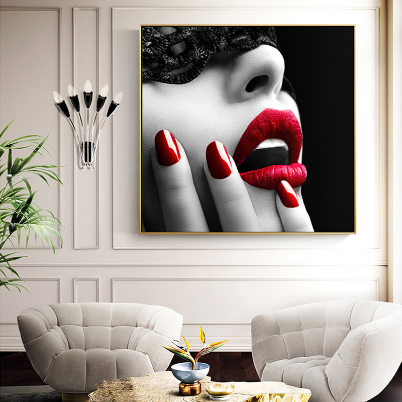 Wall Art Posters and Prints Sexy Women Red Lips and Nails Canvas Painting Wall Art for Living Room Modern Decoration