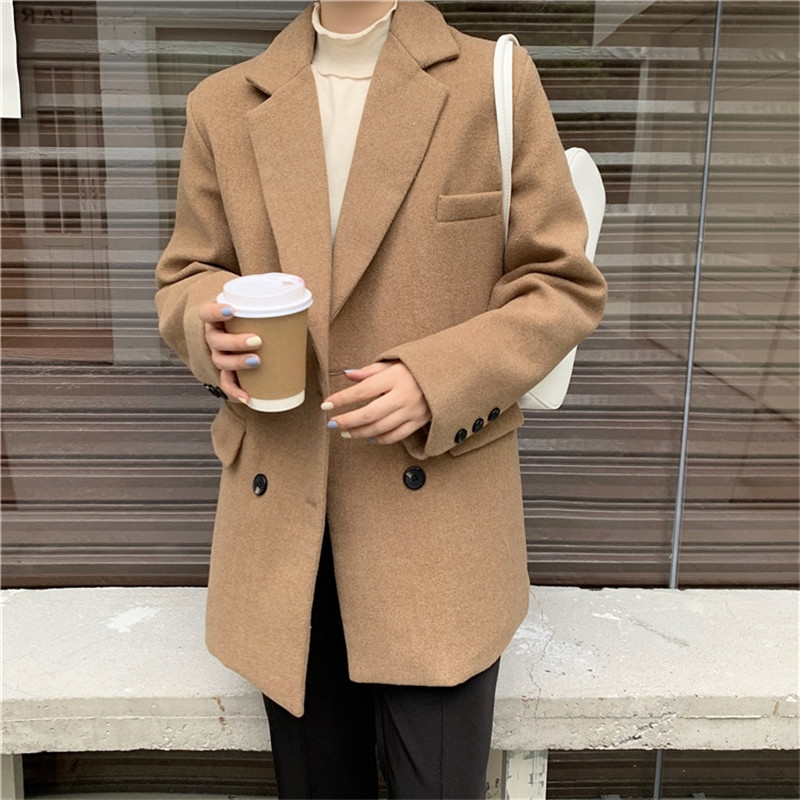 OL Notched Minimalist Quilted Thick Woolen Blazer Suit Jacket Autumn Winter Tops Women Blazers Loose Casual Overcoat 210421