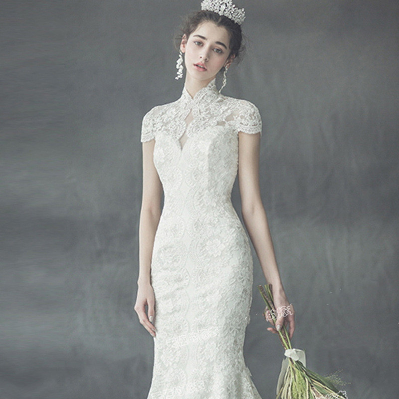 Vintage Wedding Dresses With High-neck Short-sleeves Applique Race Wedding Dress Custom Made With Vestidos De Novia