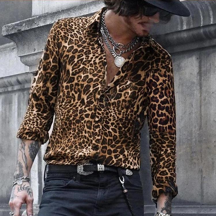 Men's Leopard Printed Shirts Fashion Casual Cotton Polyester Shirt Mens Tops Button Down Classic Tees Holiday Wear