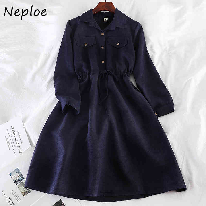 Neploe Hong Kong Style New Autumn Winter Vintage Dress Drawstring Slim Waist Loose Vestidos Fashion Shirt Dresses Women 94447 210422