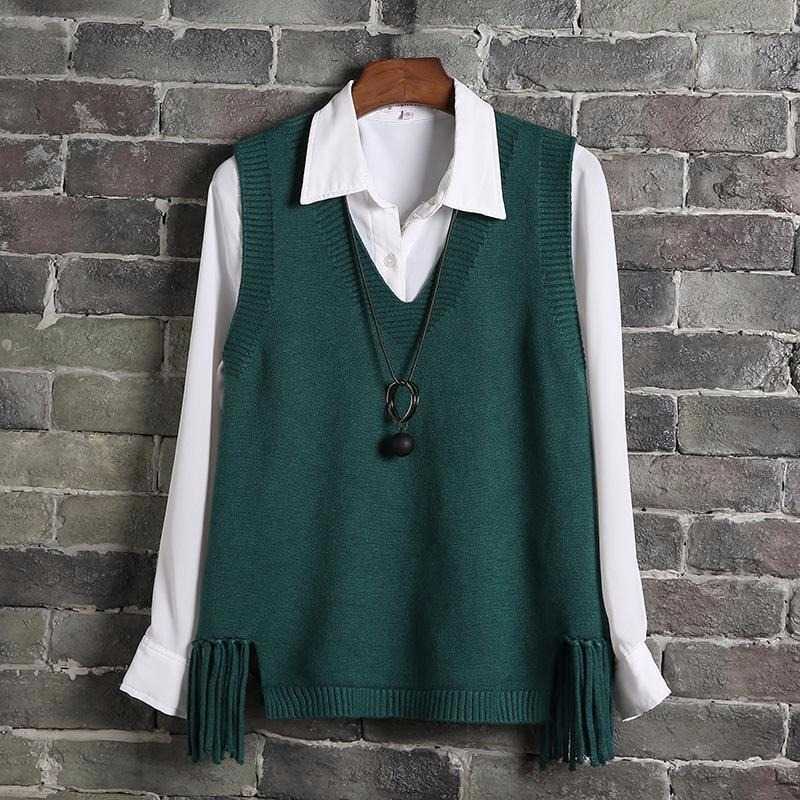 V-neck Sweater Vest Women Casual Loose Fringed Student Knitted Halter Korean Version of The Wild Spring Jumper Girl 210819