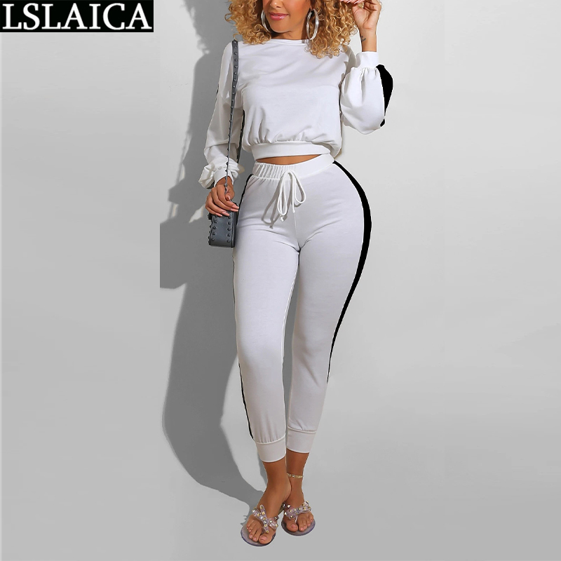 2 Piece Set Women Casual Long Sleeve Crop Top & Drawstring Pants Suit Sets Lounge Wear Autumn Sweat Suits Sportswear 210515