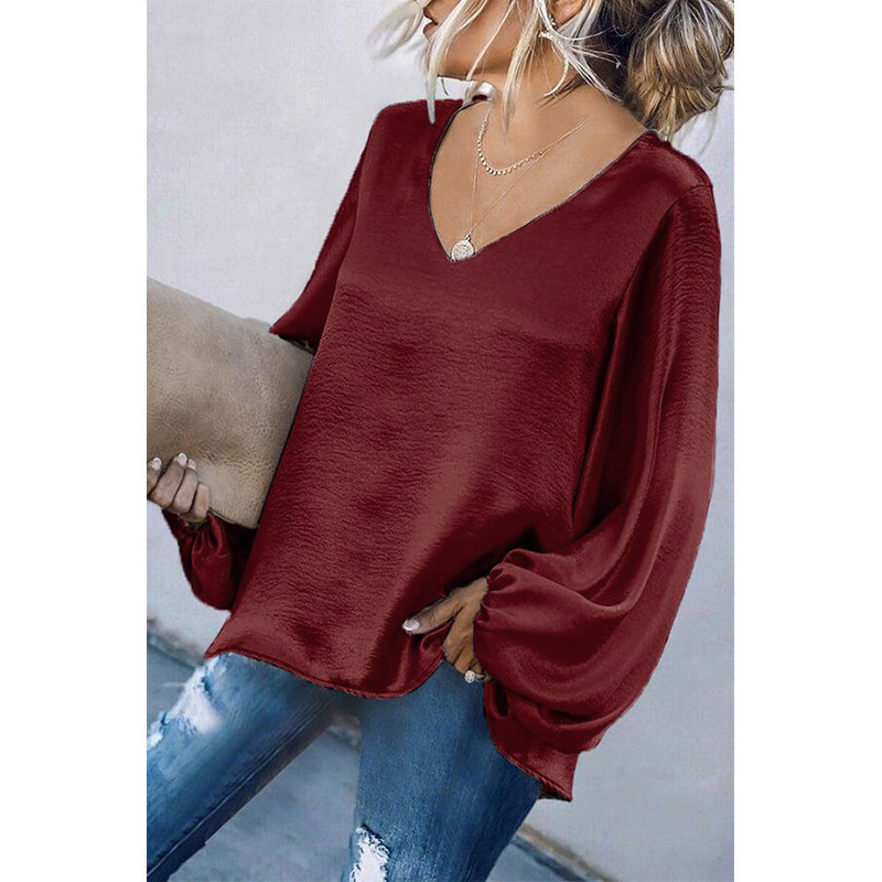 Women's Tops Tees 2021 European and American long-sleeved loose V-neck solid color top