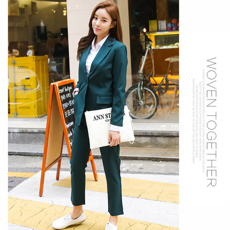 Business Women Pencil Pant Suits 2 Piece Set Solid Blazer & Pants Office Lady Notched Jacket Female Suit 210421