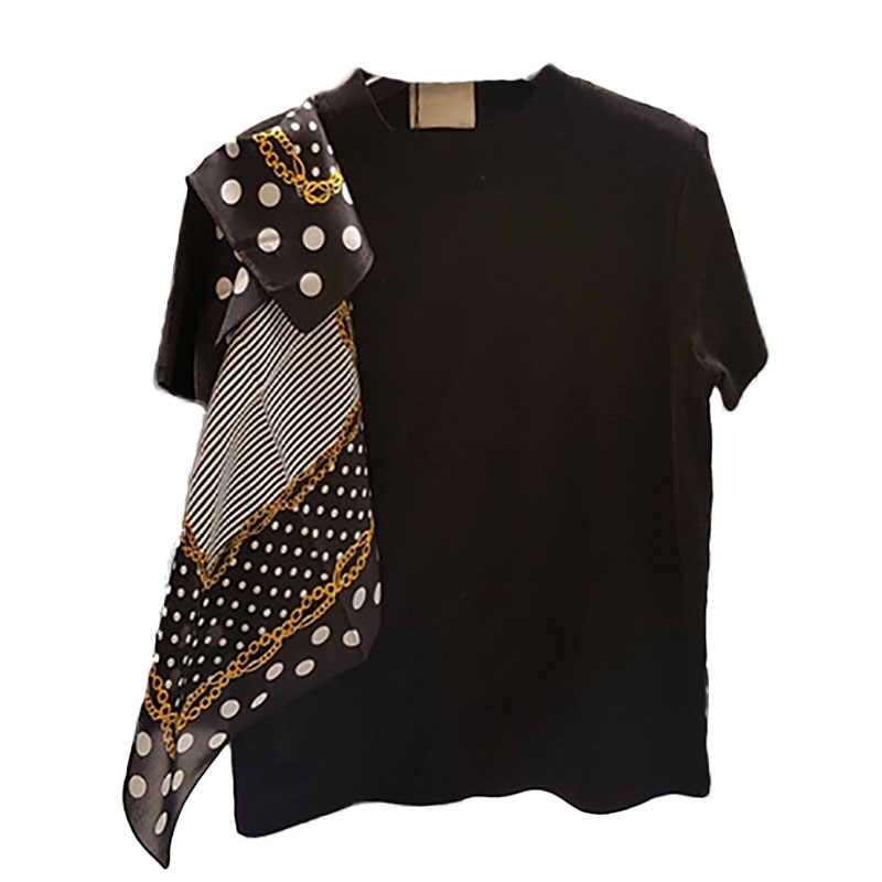 women's elegant T shirt polka dot silk scarf stitching short-sleeved casual loose Chic Japan T-shirt Korean fashion Tees GD017 210406