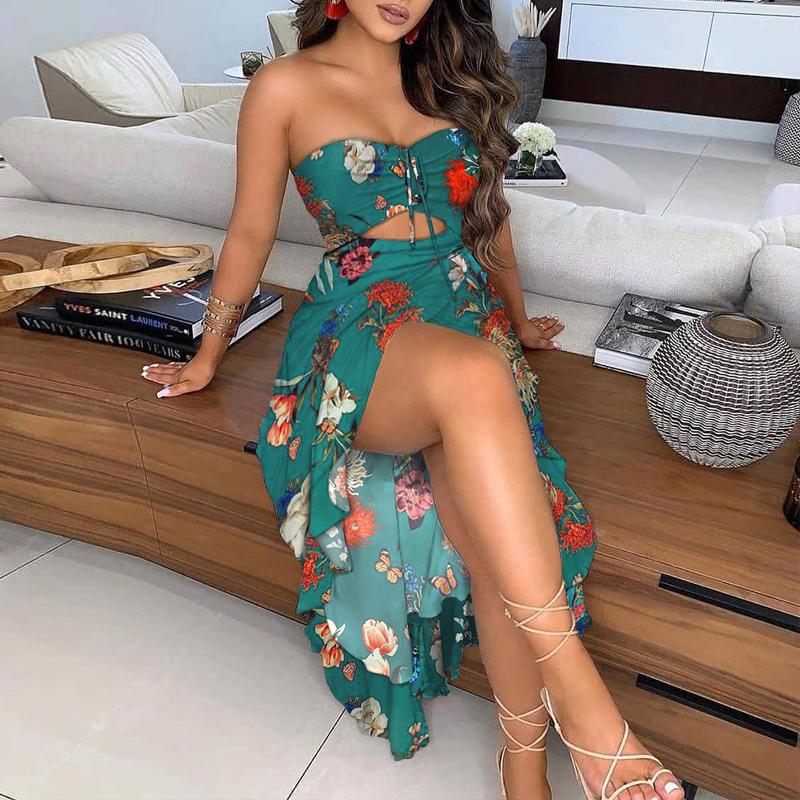 Fashion Women Floral Print High Slit Party Dress Sexy Hollow Out Strapless Beach 2021 Summer Elegant Sleeveless Long Casual Dresses