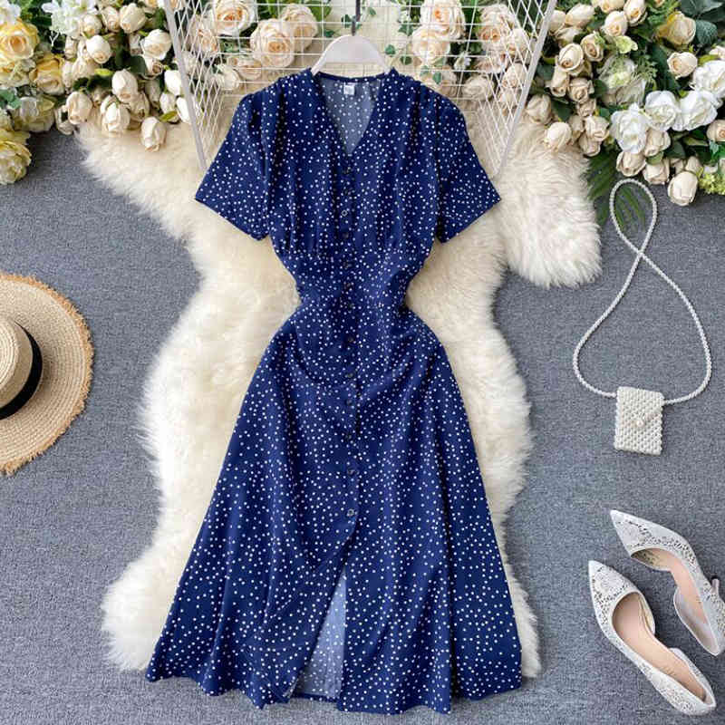 V Neck Polka Dot Print Summer Dress Elegant Party Chiffon Dress Women Single-breasted Casual High Waist Vestidos 210521