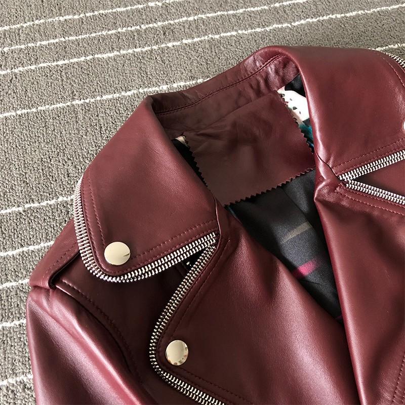 Leather Autumn Genuine Motorcycle Short Jacket Women Fashion Wine Red Sheepskin Coat Streetwear Turn Collar Vintage Punk Jackets Women's & F