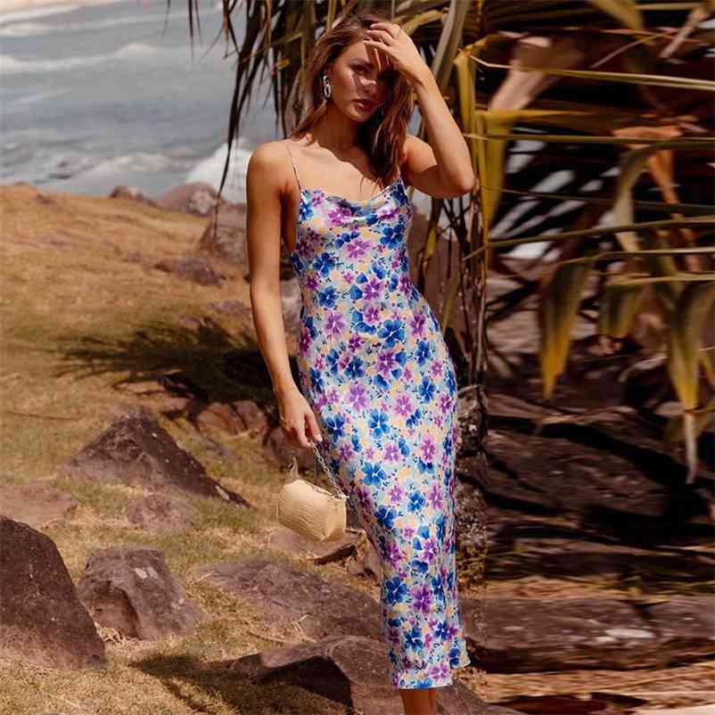 Foridol Sexy Backless Lace Up Summer Boho Dress Women Drap Neck Maxi Beach Dress Sleeveless Floral Print Purple Dress 210415