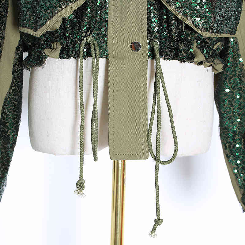 Patchwork Sequin Jackets For Women Turtleneck Long Sleeve Drawstring Coats Female Autumn Fashion Clothes 210524