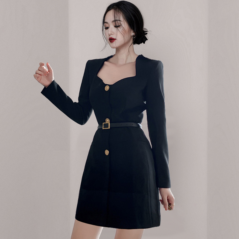 Spring Long Sleeve Vintage Dresses Women Office Lady Casual Black Single-Breasted Mini Vestidos With Belt 210520