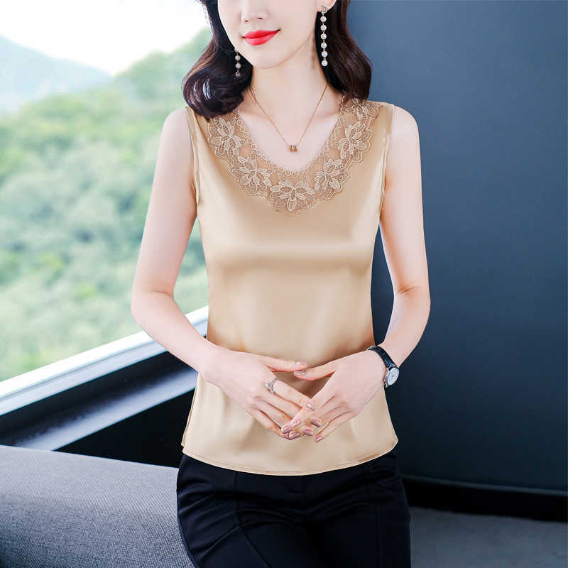 Summer Silk Tank Top Women Satin Office Lady Lace Korean Tops Mesh Sleeveless Black for Plus Size XXXL/4XL 210531