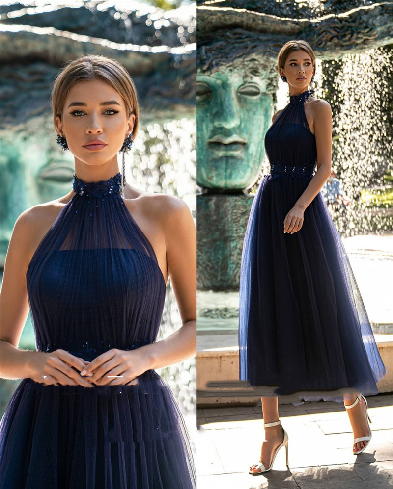 Vintage Navy Blue Dotted Tulle Prom Dresses High Neck Applique Floral Pearls Ankle Length Formal Evening Party Gowns Tiered Skirt