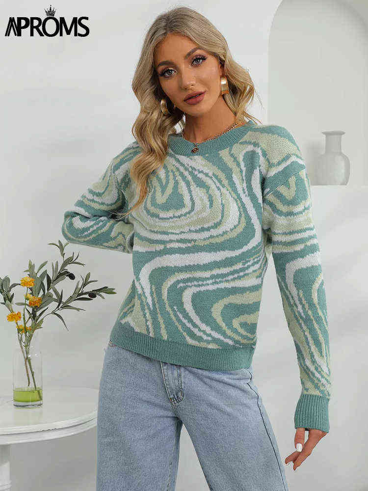 Aproms Elegant Green Tie Dye Knitted Sweater and Pullovers Women Winter Long Sleeve Warm Ribbed Jumper Female Slim Top 211218wtt