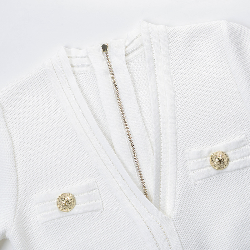 DEAT spring and summer fashion women clothes short sleeves V-neck single breasted zippers pullover slim white dress 210428