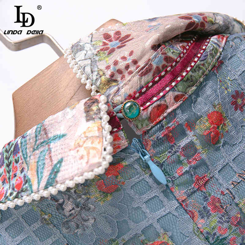 Autumn Fashion Runway Vintage Dress Women Turn-down Collar Bow Beading Graffiti Printing Ruffle A Line Mini 210522