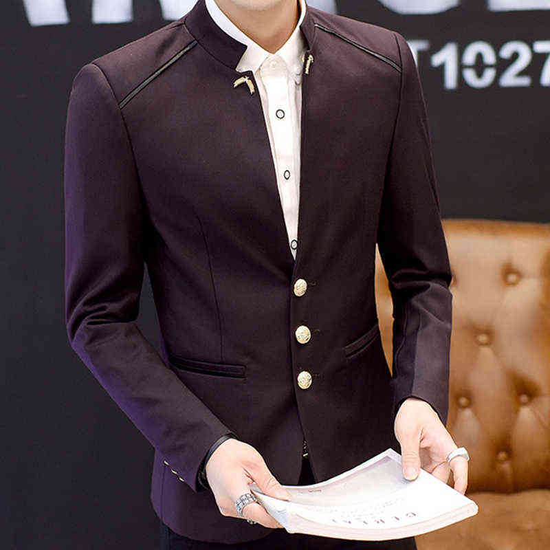 Stand Collar Men Casual Blazers Three-Buttons Suit Jacket Wheat Stalks Embellished Spring Mens Chinese Style Blazer 211120