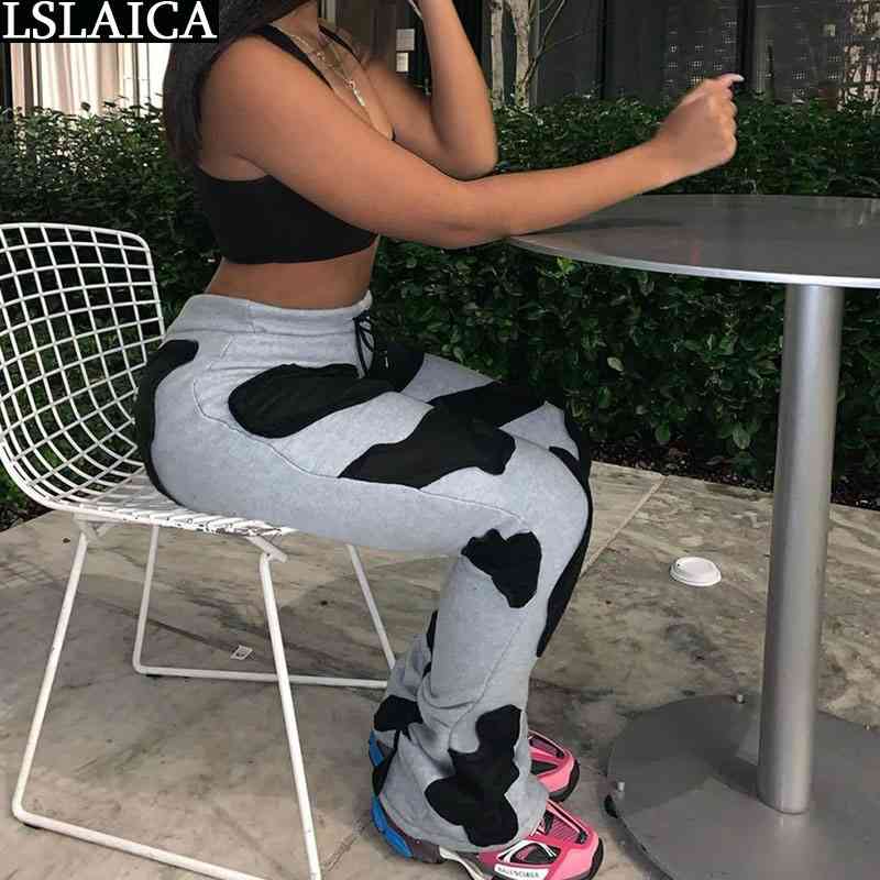 Loungewear Women Drawstring Casual Loose Trousers Elastic Waist Fashion Cow Print Patch Pockets Flared Pants 210520