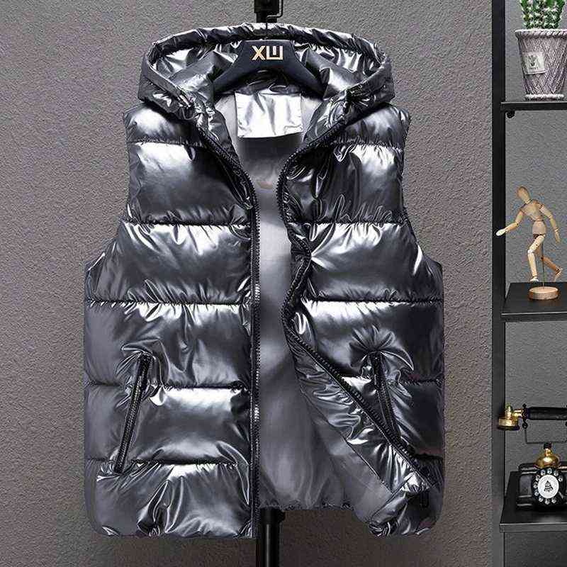 Men Winter Bright Vests Hooded Thick Vest Waterproof Cotton Padded Sleeveless Coat Men Waterproof Thick Waistcoat M-5XL 211119