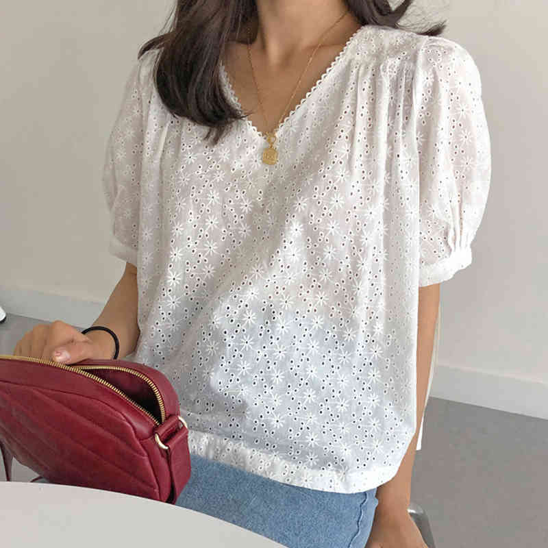 Pullover White Ladies Tops Clothing Summer Short Sleeve Hollow Out Blouse Office Lady V Neck Floral Women Shirt 9595 210415