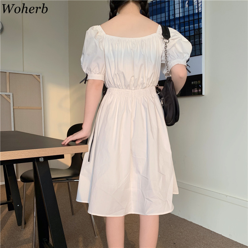 Kawaii White Black Dress Chic Korean Summer Women Mid-length Dresses Lace-up Slim Waist Elegant A-line Vestidos Femme 210519