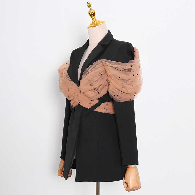 TWOTYLE Casual Hollow Out Blazer For Women Notched Long Sleeve Patchwork Mesh Hit Color Blazers Female Fashion 210930