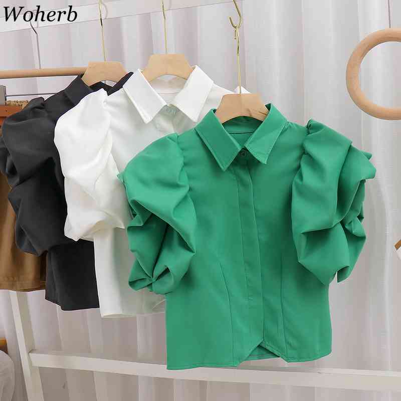 Vintage Ruffles Women Blouse Turn Down Collar Butterfly Short Sleeve Loose Shirts Elegant Chiffon Single Breasted Tops 210422