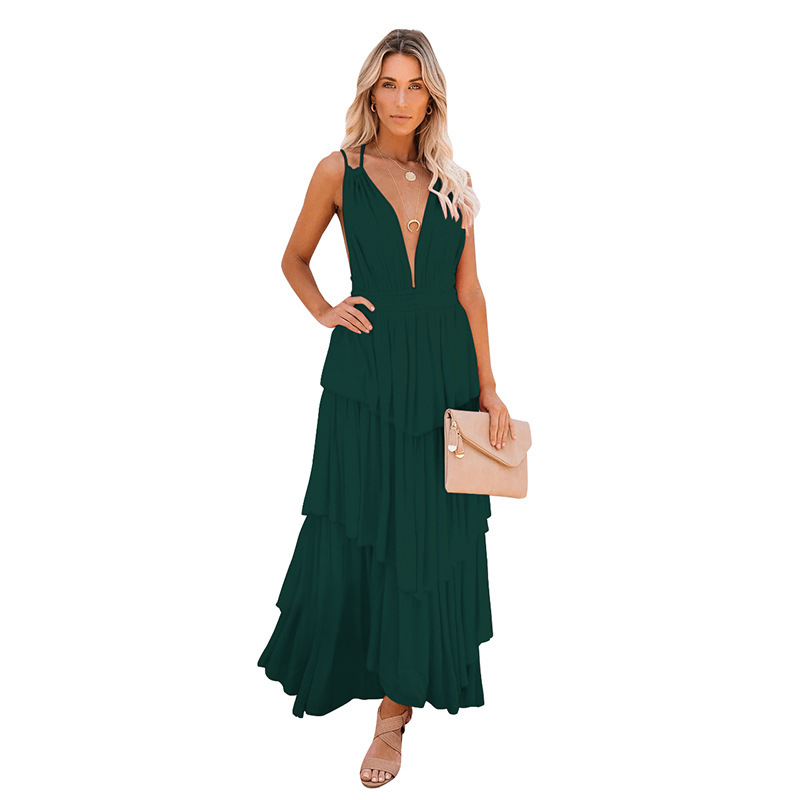 Women Dress Deep V Neck Sleeveless Backless Sexy Spaghetti Strap Temperament Ruffle Party Dresses Plus Size Maxi 210513
