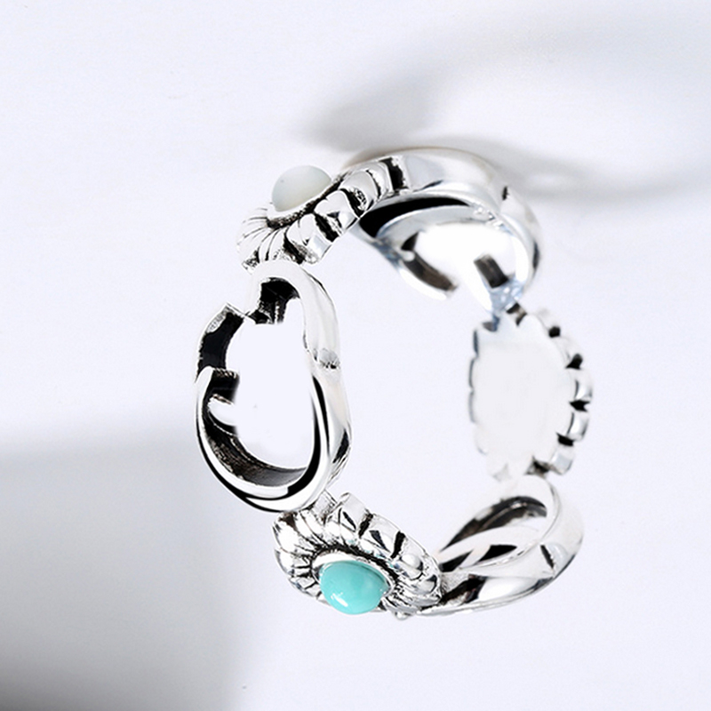 Women Girl Daisy Turquoise Ring Flower Letter Rings Gift for Love Girlfriend Fashion Jewelry Accessories Size 5-9