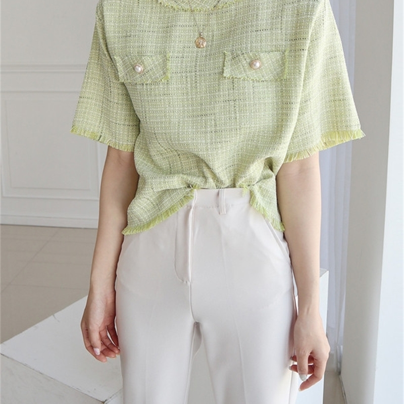 Fashion Women Thin Tweed Short Sleeve T-shirt Korea Summer Vintage Elegant Pullover Casual Top 210519