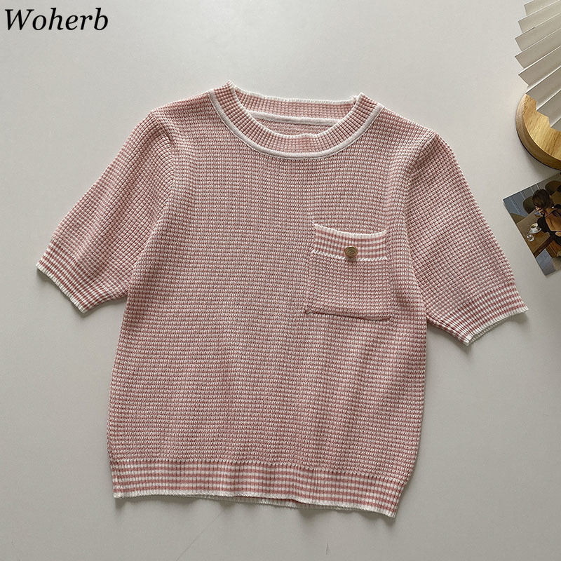 Knitted T Shirts Women Summer O Neck Short Sleeve Tees Shirt Slim Korean Fashion Plaid Pocket Knitwear Tops 4j308 210519