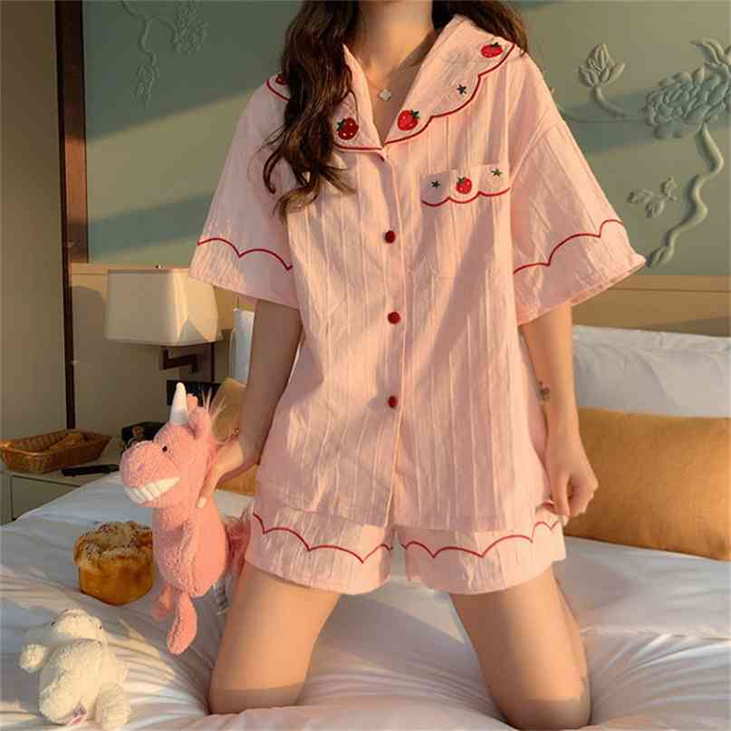 Qweek Women's Pajamas Summer Night Home Suit Sleepwear Cotton Strawberry Embroidery Pijamas Homepwear Pyjamas Kawaii Pj Sets 210924
