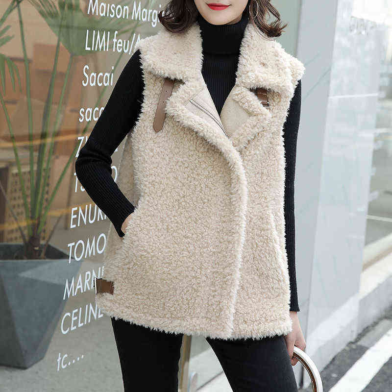 Winter Lamb Wool Vest Women Sleeveless Jacket Thicken Warm Waistcoat Fall Turn Down Collar Hidden Zipper Outwear Garment 211120