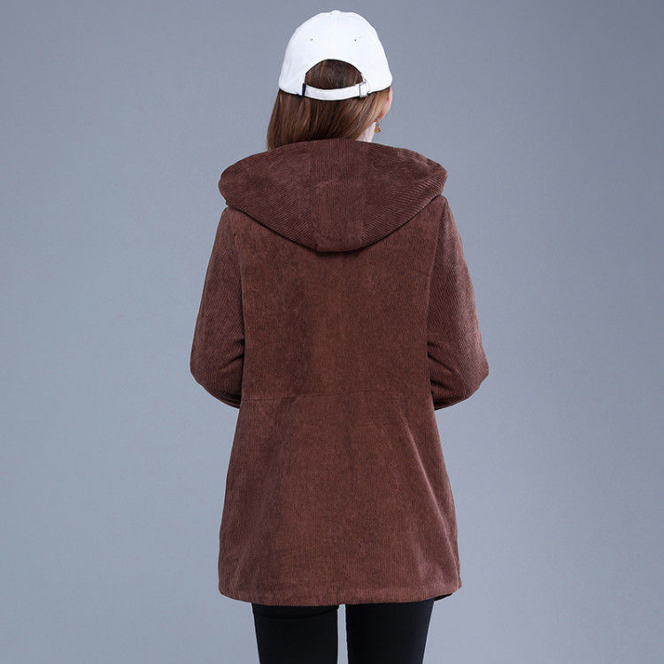 Plus Velvet Windbreaker Jacket Women Winter Casual Loose Korean Hooded Mid Long Corduroy Coat Big Size Trench Outwear Femme 210522