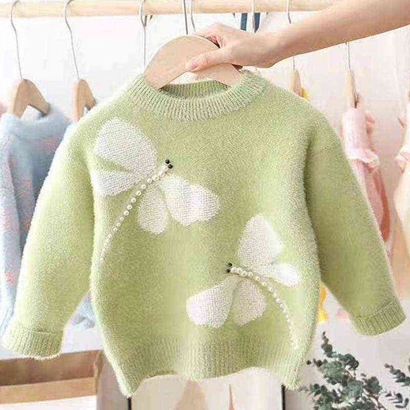 Sweaters Girl Dragonfly Pattern Mink Fleece Winter Clothes Kids Pullover Knitwear Sweater Children Clothing 211104