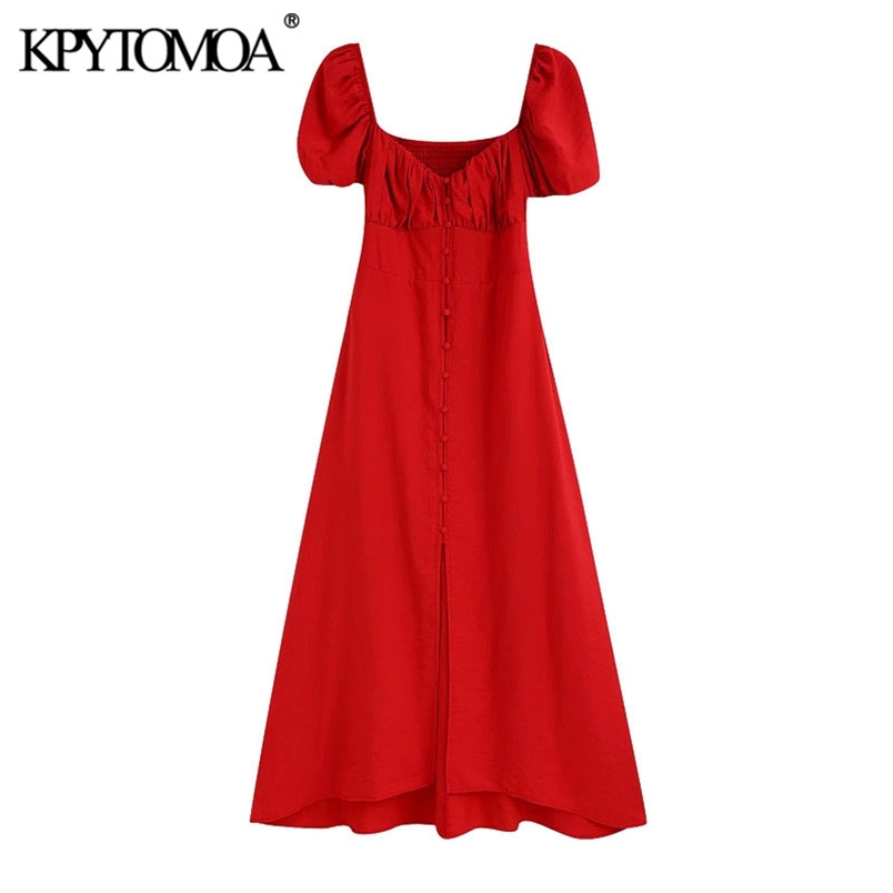 Women Chic Fashion With Buttons Midi Dress Puff Sleeves Back Smocked Detail Female Dresses Vestidos Mujer 210420